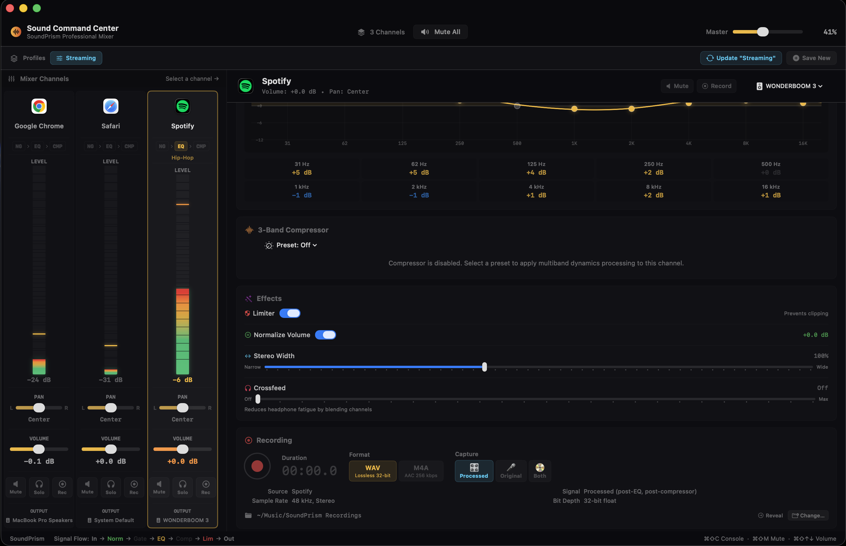 Centre de commande avec élargisseur stéréo, crossfeed, peak limiter, normaliseur et panneau d'enregistrement